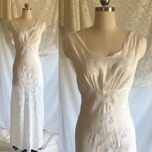Vintage 1940's Nightgown | Sheer White Acetate with Floral Damask & Bias Cut | Bridal Lingerie | Size M, LG - Daggers & Dames