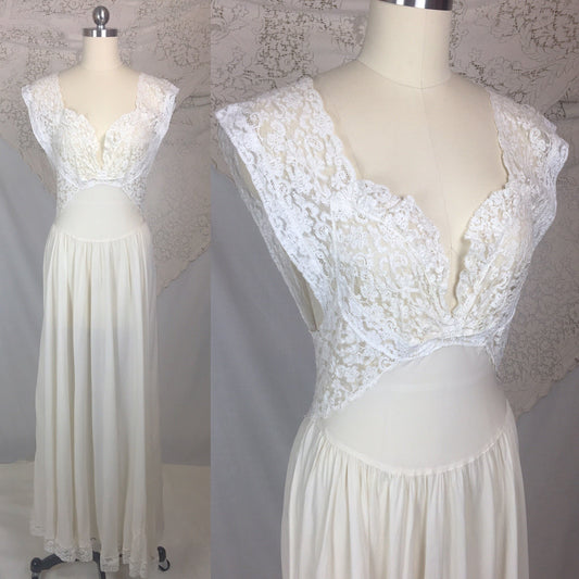 Vintage 1940's Nightgown | Sheer White Silk Chiffon with Ruffled Lace | Fischer Heavenly Silk Lingerie | Size MED - Daggers & Dames