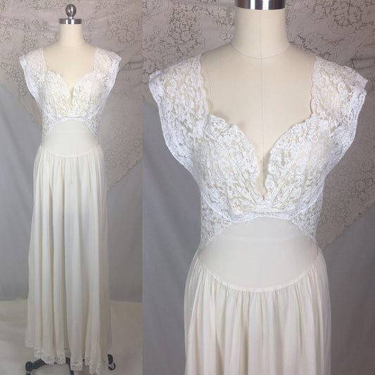 Vintage 1940's Nightgown | Sheer White Silk Chiffon with Ruffled Lace | Fischer Heavenly Silk Lingerie | Size MED - Daggers & Dames