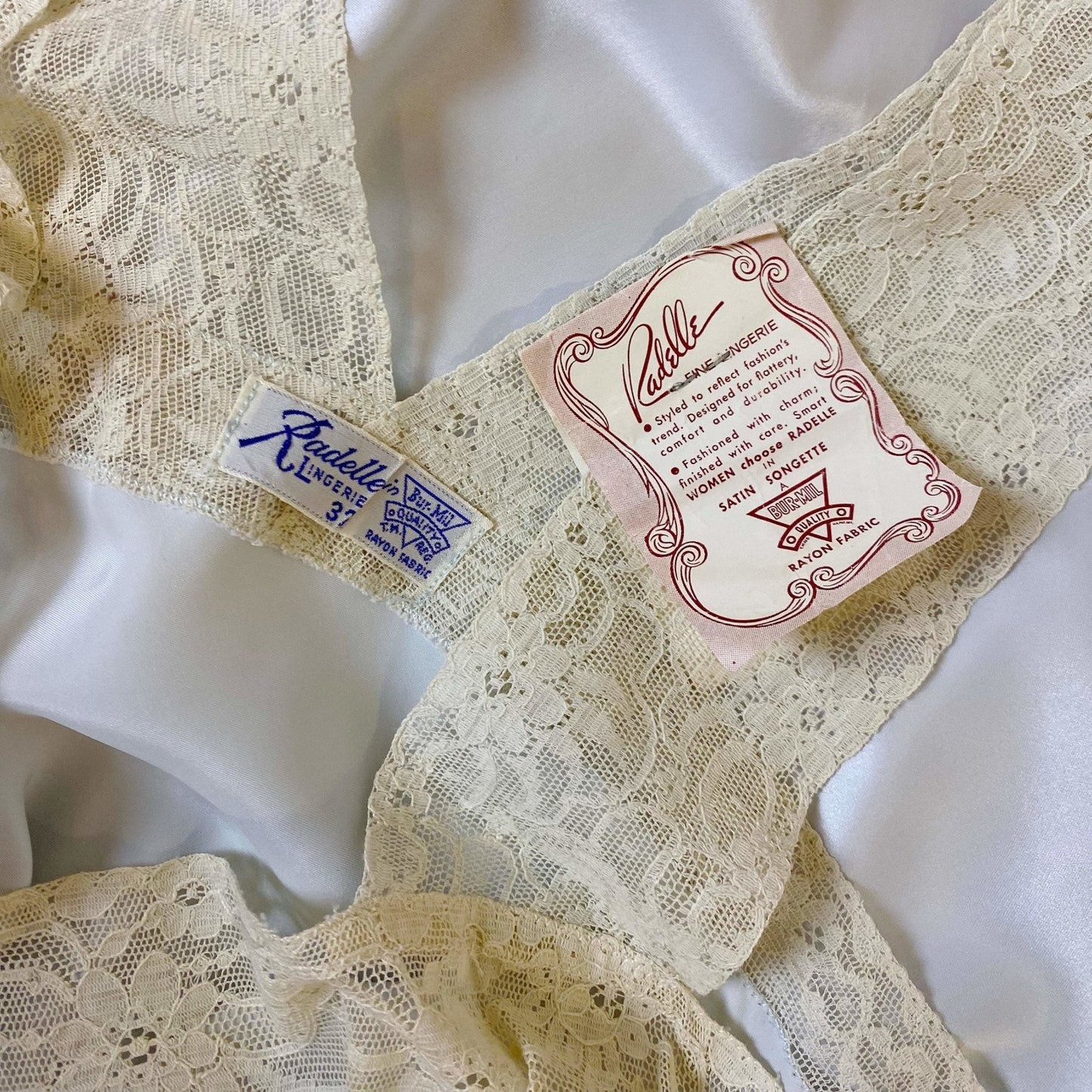 Vintage 1940's Nightgown | Silky Blue Rayon Satin with Ivory Lace | Size XS, S | Radelle, New with Tags - Daggers & Dames