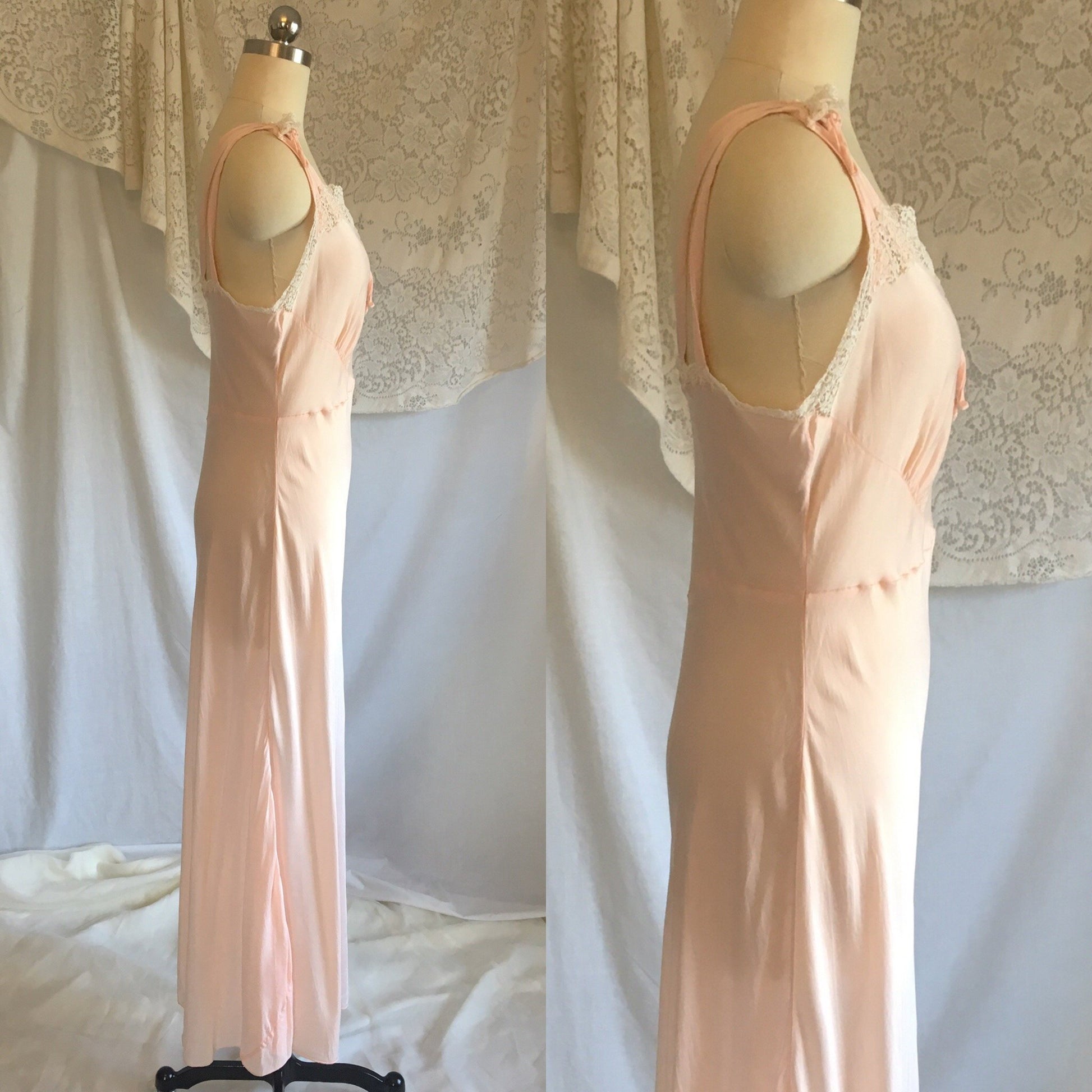 Vintage 1940's Nightgown | Silky Pale Pink Rayon with White Venetian Lace | Laros | Size M - Daggers & Dames