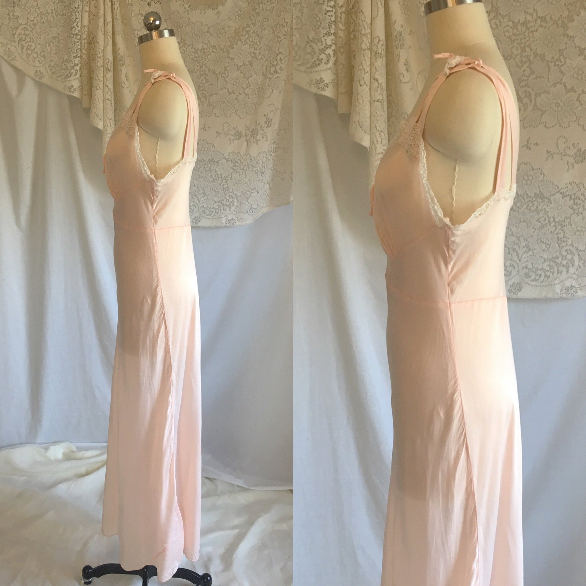 Vintage 1940's Nightgown | Silky Pale Pink Rayon with White Venetian Lace | Laros | Size M - Daggers & Dames