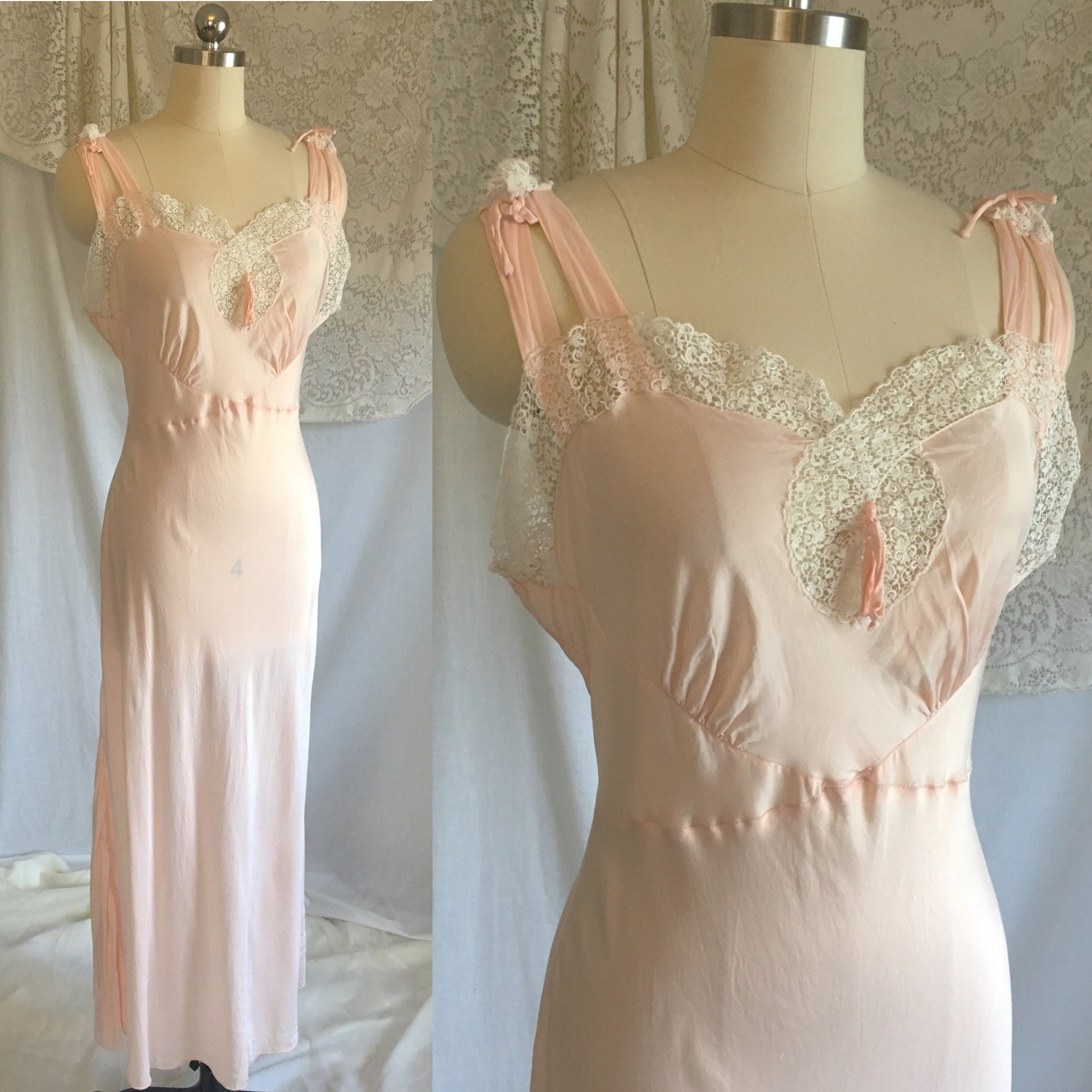 Vintage 1940's Nightgown | Silky Pale Pink Rayon with White Venetian Lace | Laros | Size M - Daggers & Dames