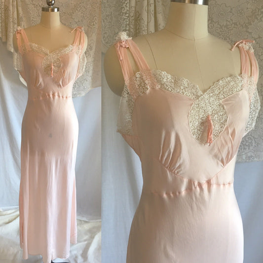 Vintage 1940's Nightgown | Silky Pale Pink Rayon with White Venetian Lace | Laros | Size M - Daggers & Dames