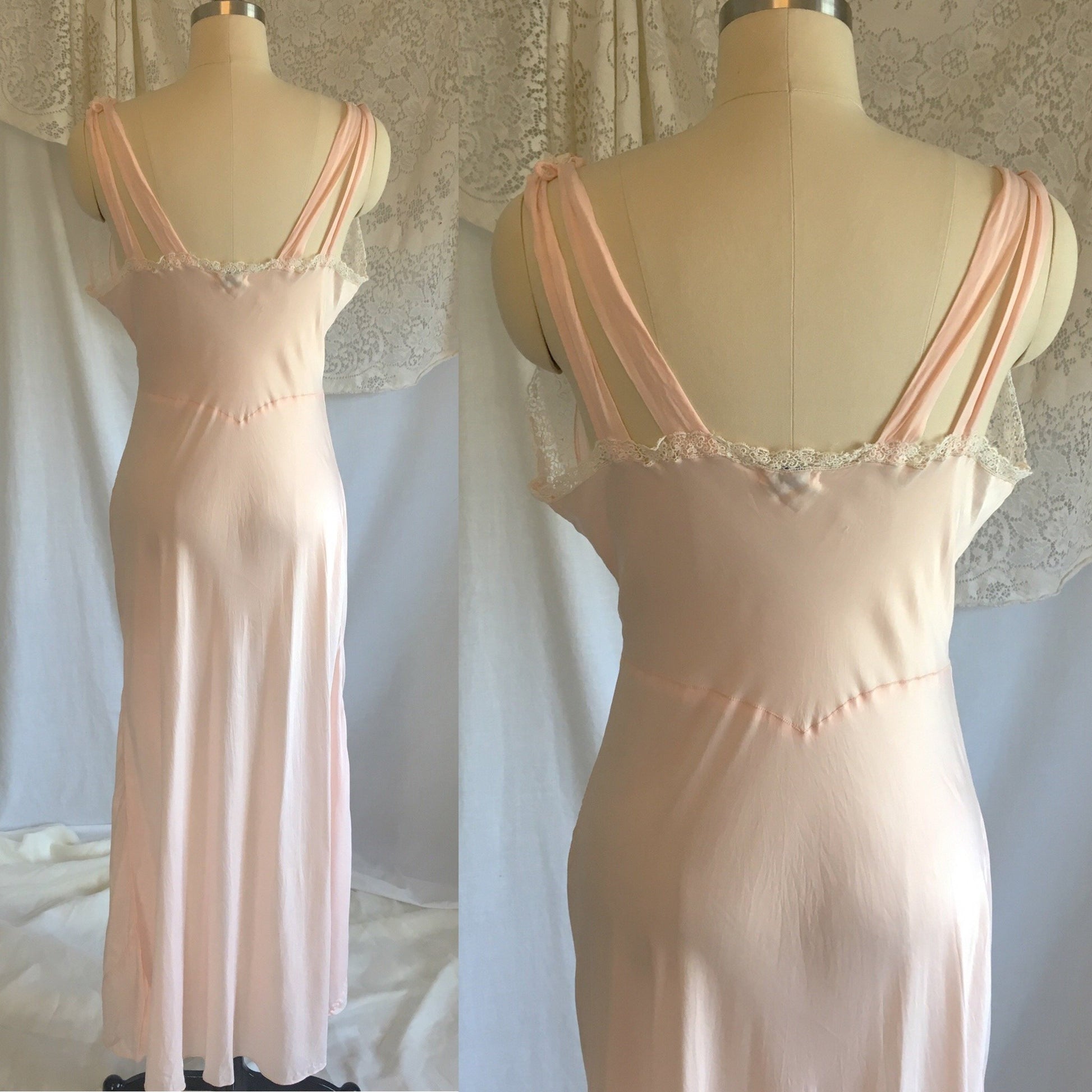 Vintage 1940's Nightgown | Silky Pale Pink Rayon with White Venetian Lace | Laros | Size M - Daggers & Dames
