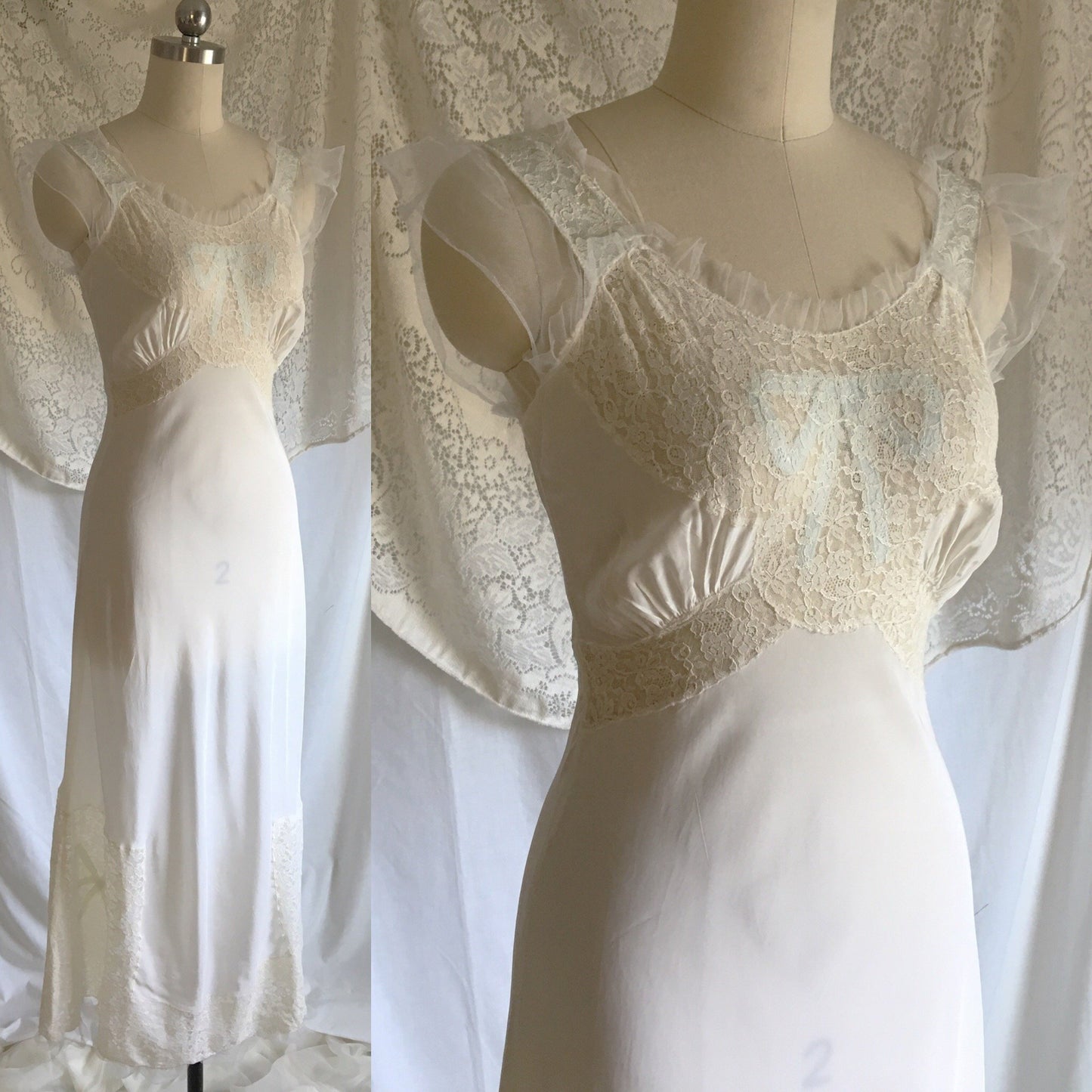 Vintage 1940's Nightgown | Silky White Rayon with Blue Ribbon Bows & Lace | Godfried Lingerie | Size XXS, XS Petite - Daggers & Dames