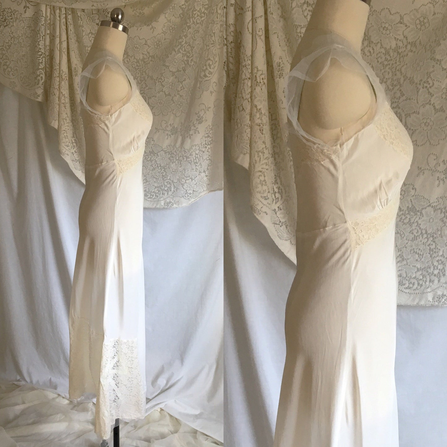 Vintage 1940's Nightgown | Silky White Rayon with Blue Ribbon Bows & Lace | Godfried Lingerie | Size XXS, XS Petite - Daggers & Dames