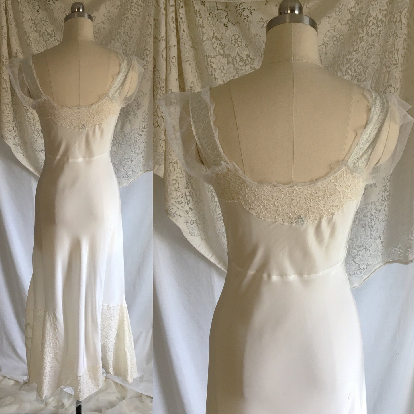 Vintage 1940's Nightgown | Silky White Rayon with Blue Ribbon Bows & Lace | Godfried Lingerie | Size XXS, XS Petite - Daggers & Dames