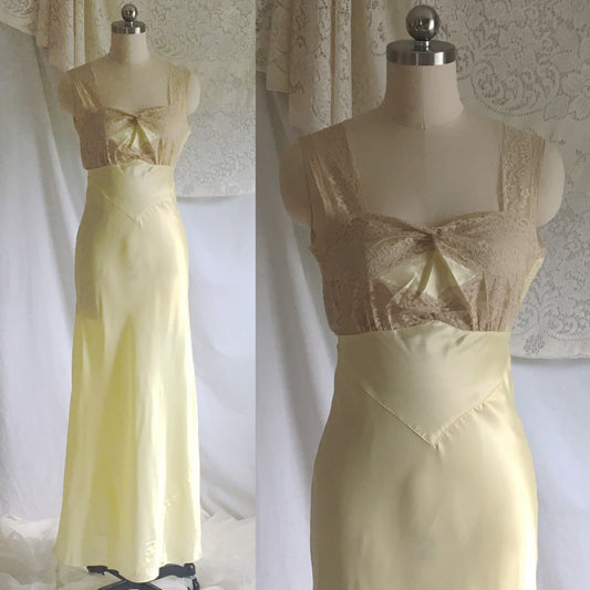 Vintage 1940's Nightgown | Size XS | Silky Lemonade Yellow Rayon Satin with Ecru Lace | Forty Winks - Never Worn - Daggers & Dames