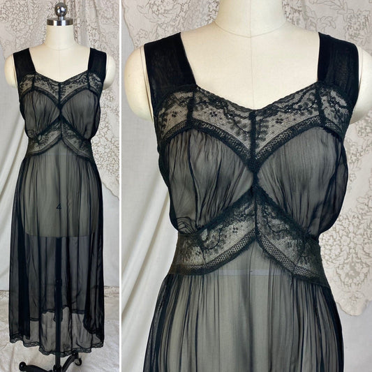 Vintage 1940's Nightgown | Very Sheer Black Silk Chiffon with Cotton Lace | Size S, M, LG - Daggers & Dames