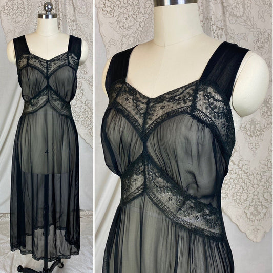 Vintage 1940's Nightgown | Very Sheer Black Silk Chiffon with Cotton Lace | Size S, M, LG - Daggers & Dames