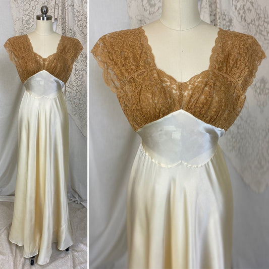 Vintage 1940's Nightgown | Warm Ivory Silk with Deep Tan Floral Lace | Size XXS, XS | Fischer Lingerie - Daggers & Dames