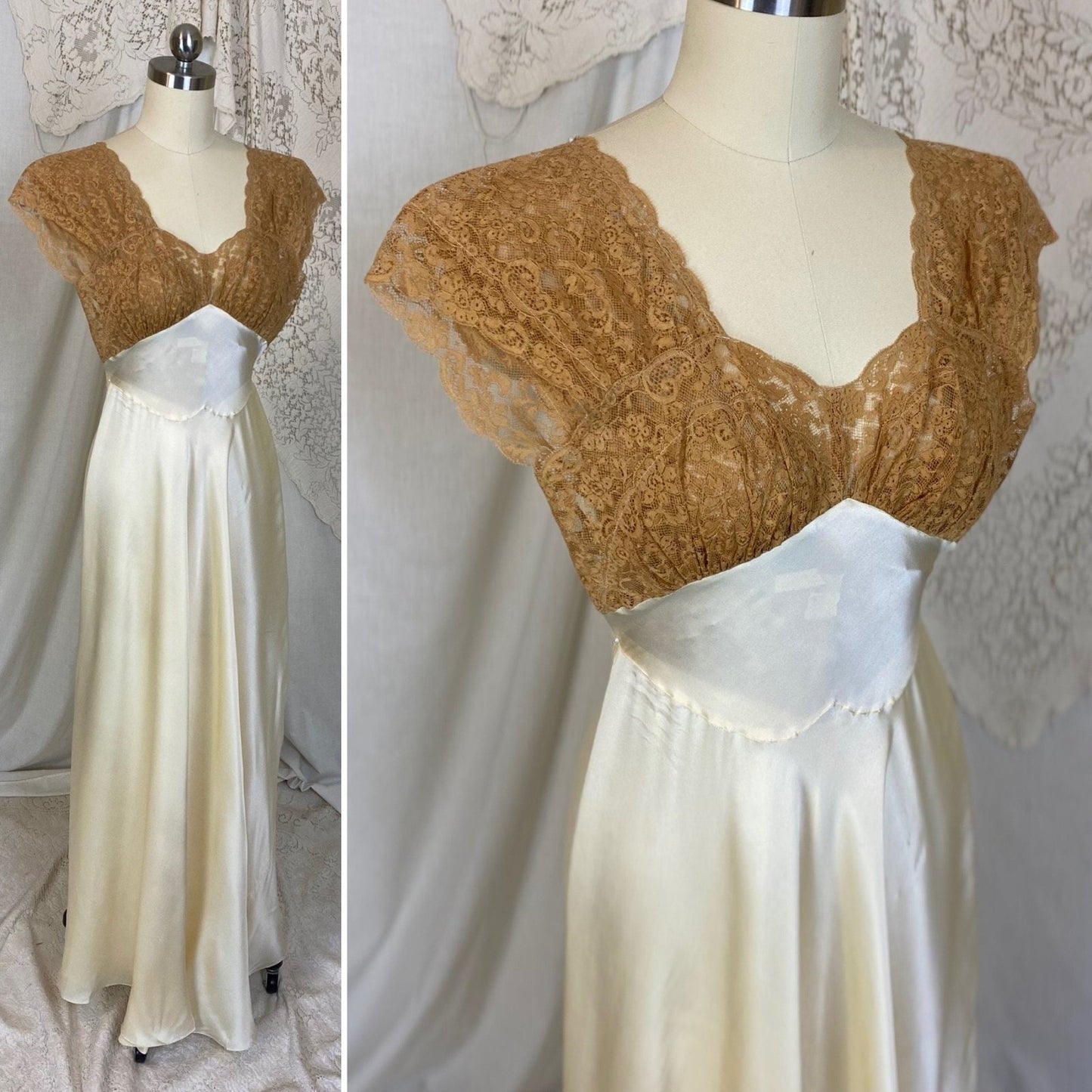 Vintage 1940's Nightgown | Warm Ivory Silk with Deep Tan Floral Lace | Size XXS, XS | Fischer Lingerie - Daggers & Dames