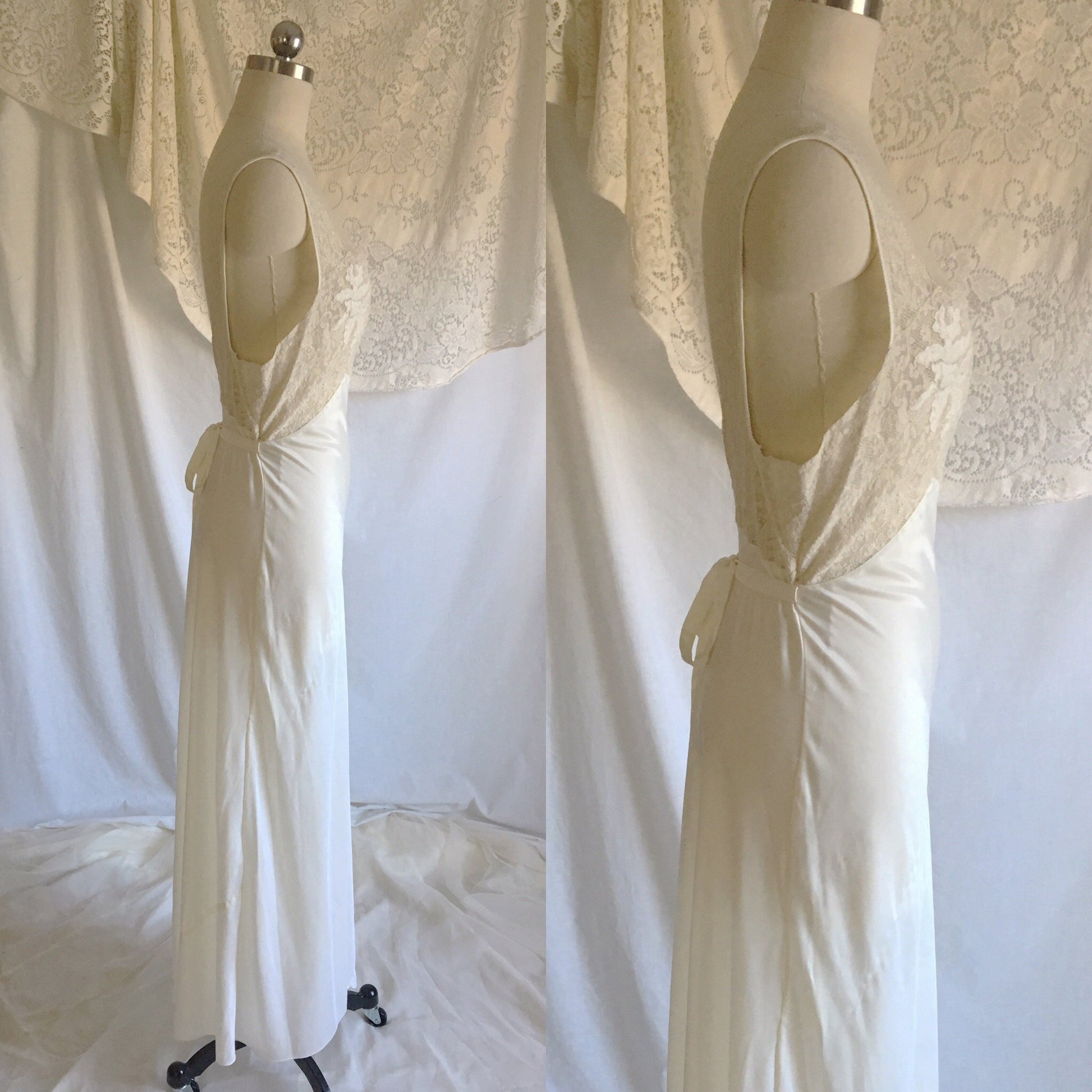 Vintage 1940's Nightgown | White DuPont Nylon Satin with Lace & Leaf Appliques | Chevette | Size M - Daggers & Dames