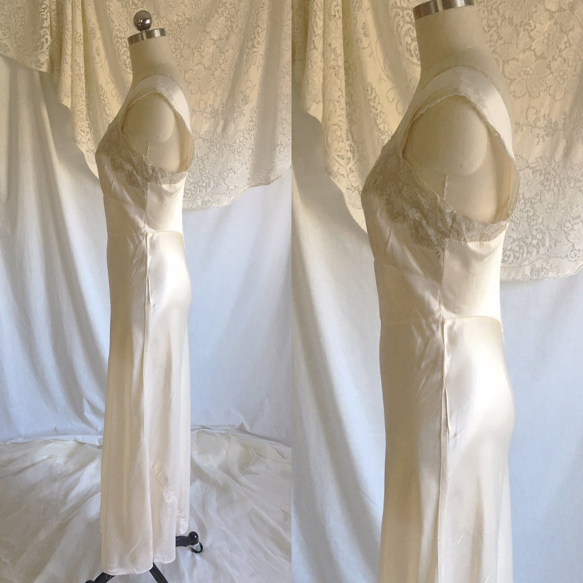 Vintage 1940's Nightgown | White DuPont Nylon Satin with Lace & Leaf Appliques | Chevette | Size M - Daggers & Dames