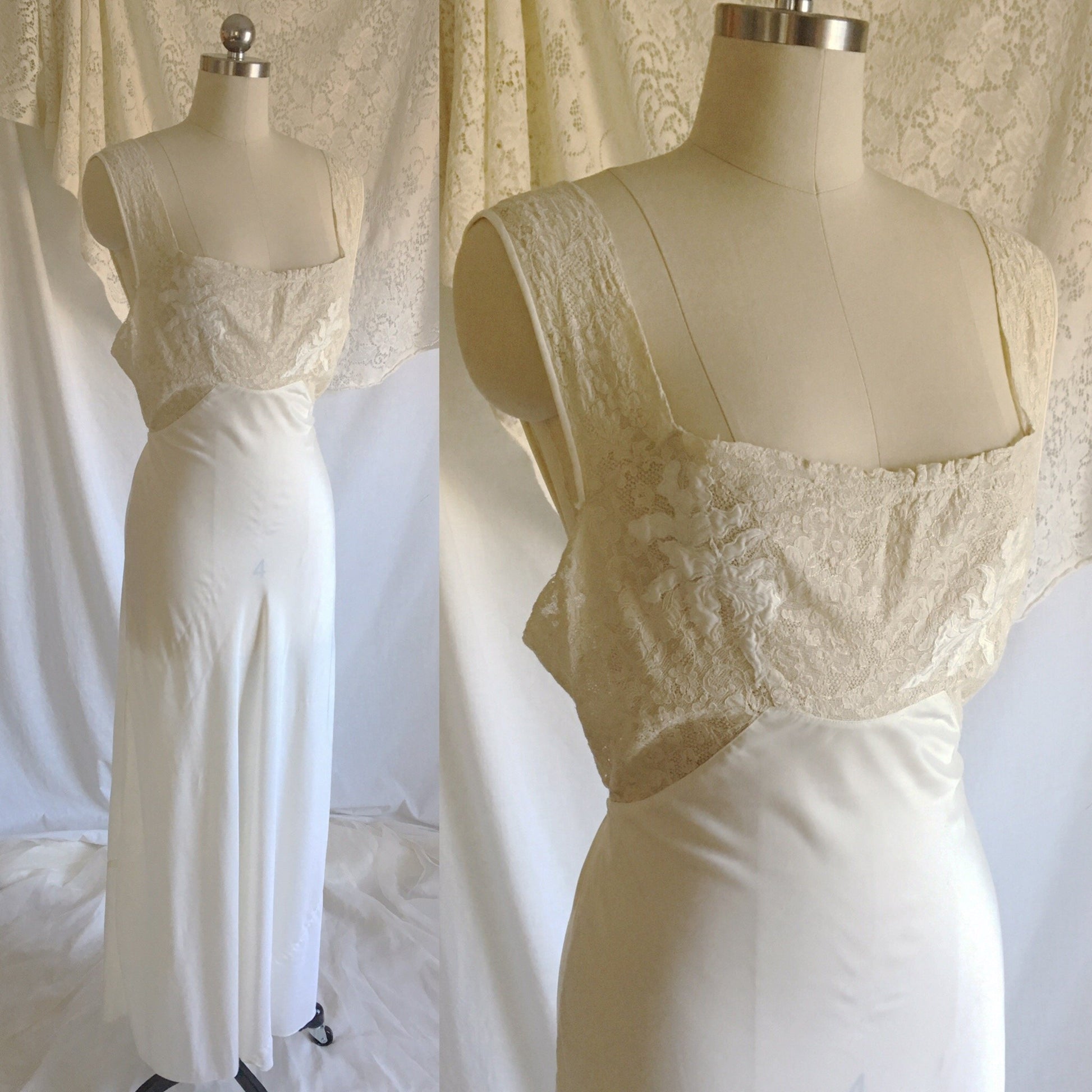 Vintage 1940's Nightgown | White DuPont Nylon Satin with Lace & Leaf Appliques | Chevette | Size M - Daggers & Dames