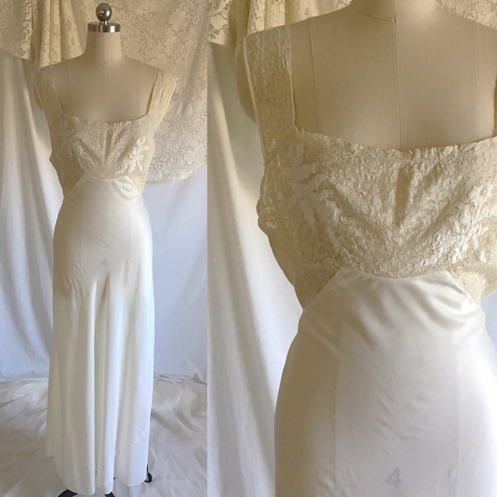 Vintage 1940's Nightgown | White DuPont Nylon Satin with Lace & Leaf Appliques | Chevette | Size M - Daggers & Dames