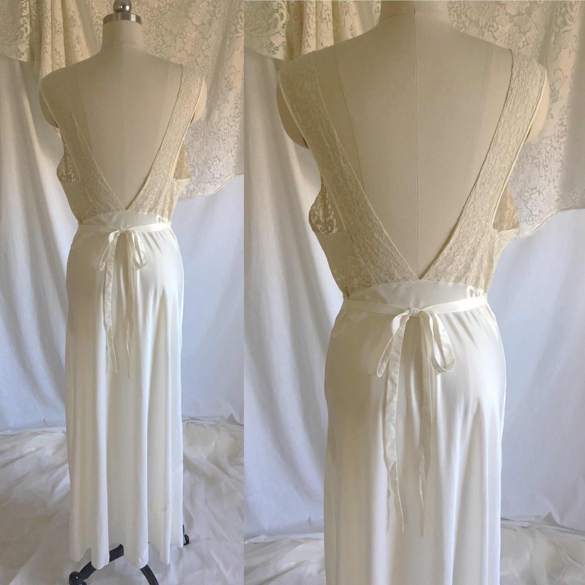 Vintage 1940's Nightgown | White DuPont Nylon Satin with Lace & Leaf Appliques | Chevette | Size M - Daggers & Dames