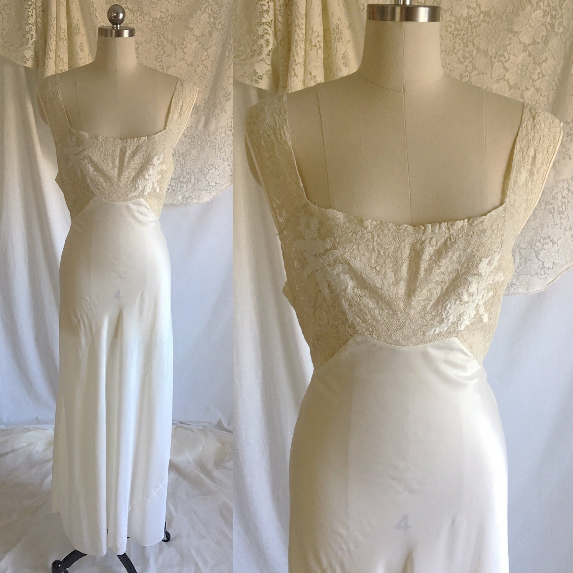 Vintage 1940's Nightgown | White DuPont Nylon Satin with Lace & Leaf Appliques | Chevette | Size M - Daggers & Dames