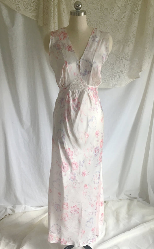 Vintage 1940's Nightgown | White Rayon Satin with Floral Pattern & Bias Cut | Miss New Yorker | Size M - Daggers & Dames