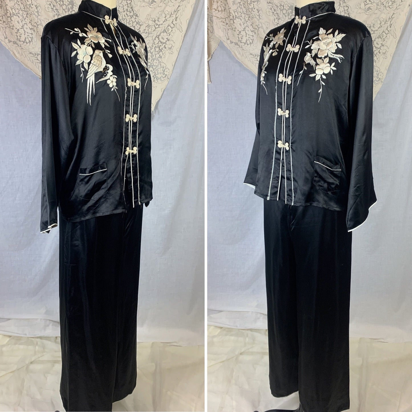 Vintage 1940's Pajama Set | Black Silk with Silk Thread Embroidery & Frog Button Closure | Unworn | Size S, M - Daggers & Dames