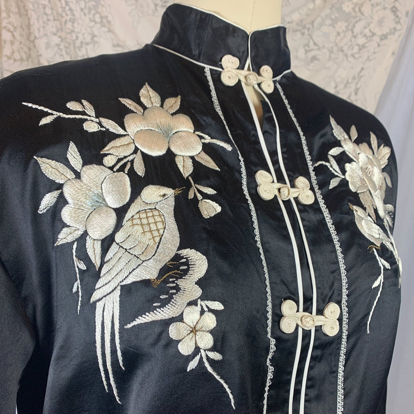 Vintage 1940's Pajama Set | Black Silk with Silk Thread Embroidery & Frog Button Closure | Unworn | Size S, M - Daggers & Dames