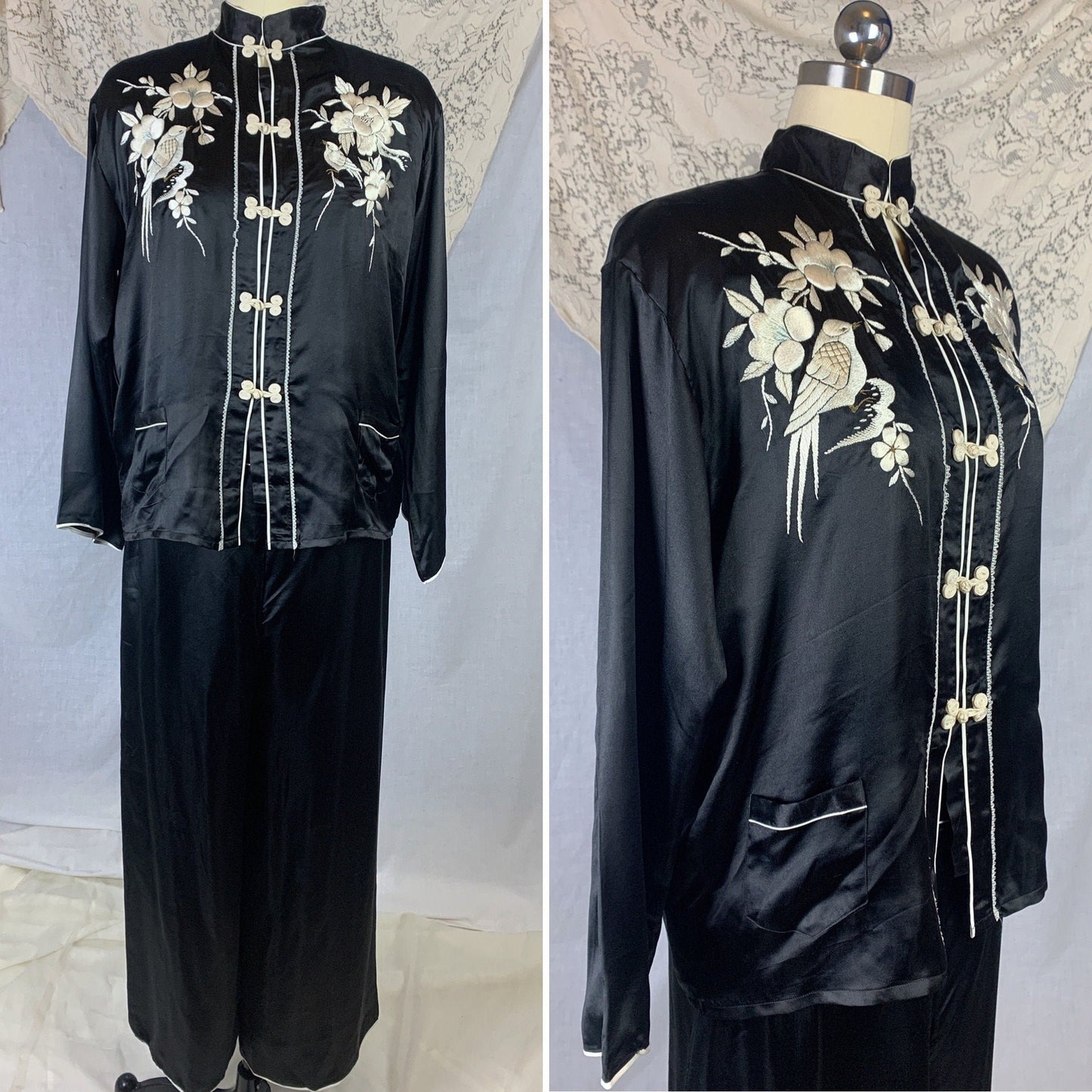 Vintage 1940's Pajama Set | Black Silk with Silk Thread Embroidery & Frog Button Closure | Unworn | Size S, M - Daggers & Dames
