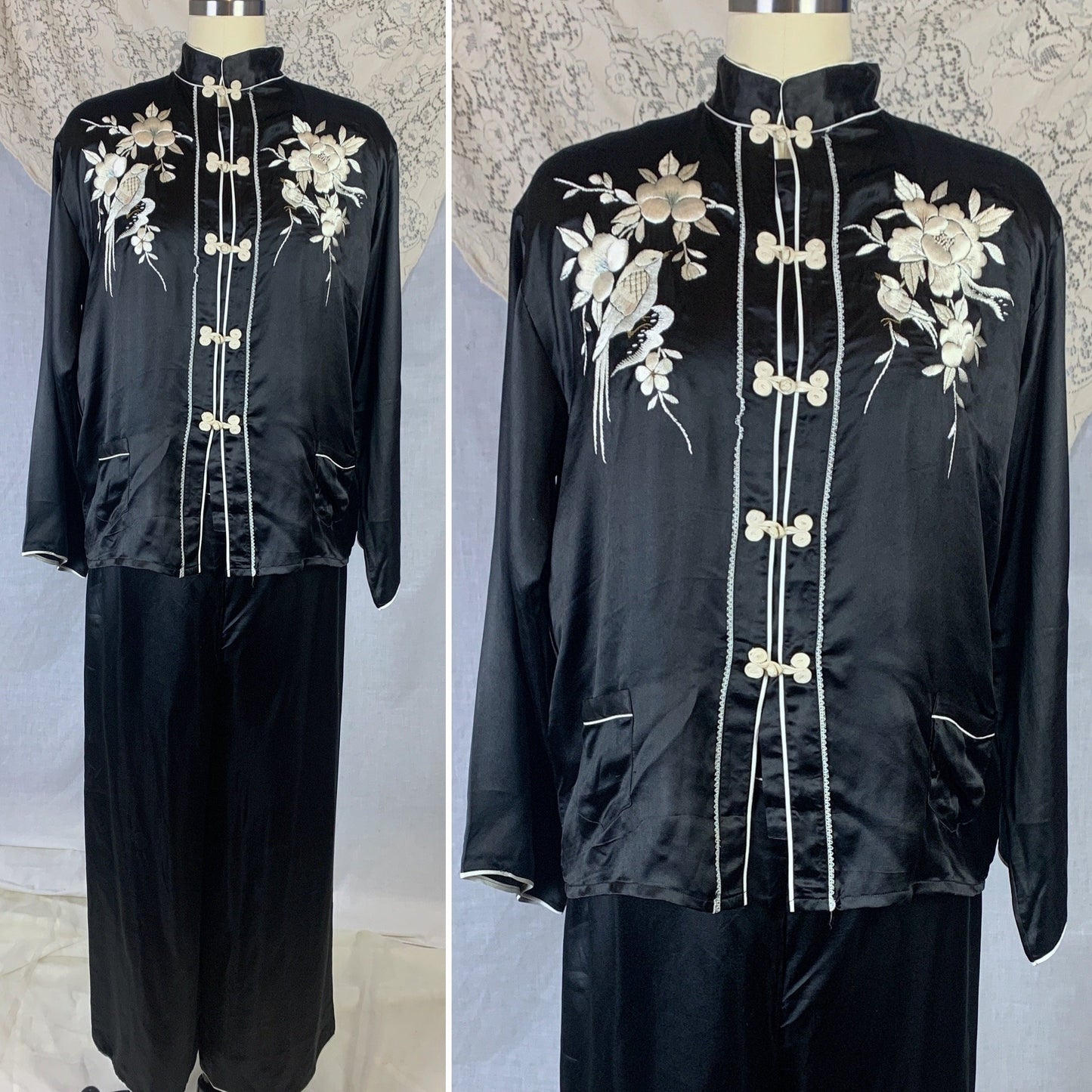 Vintage 1940's Pajama Set | Black Silk with Silk Thread Embroidery & Frog Button Closure | Unworn | Size S, M - Daggers & Dames