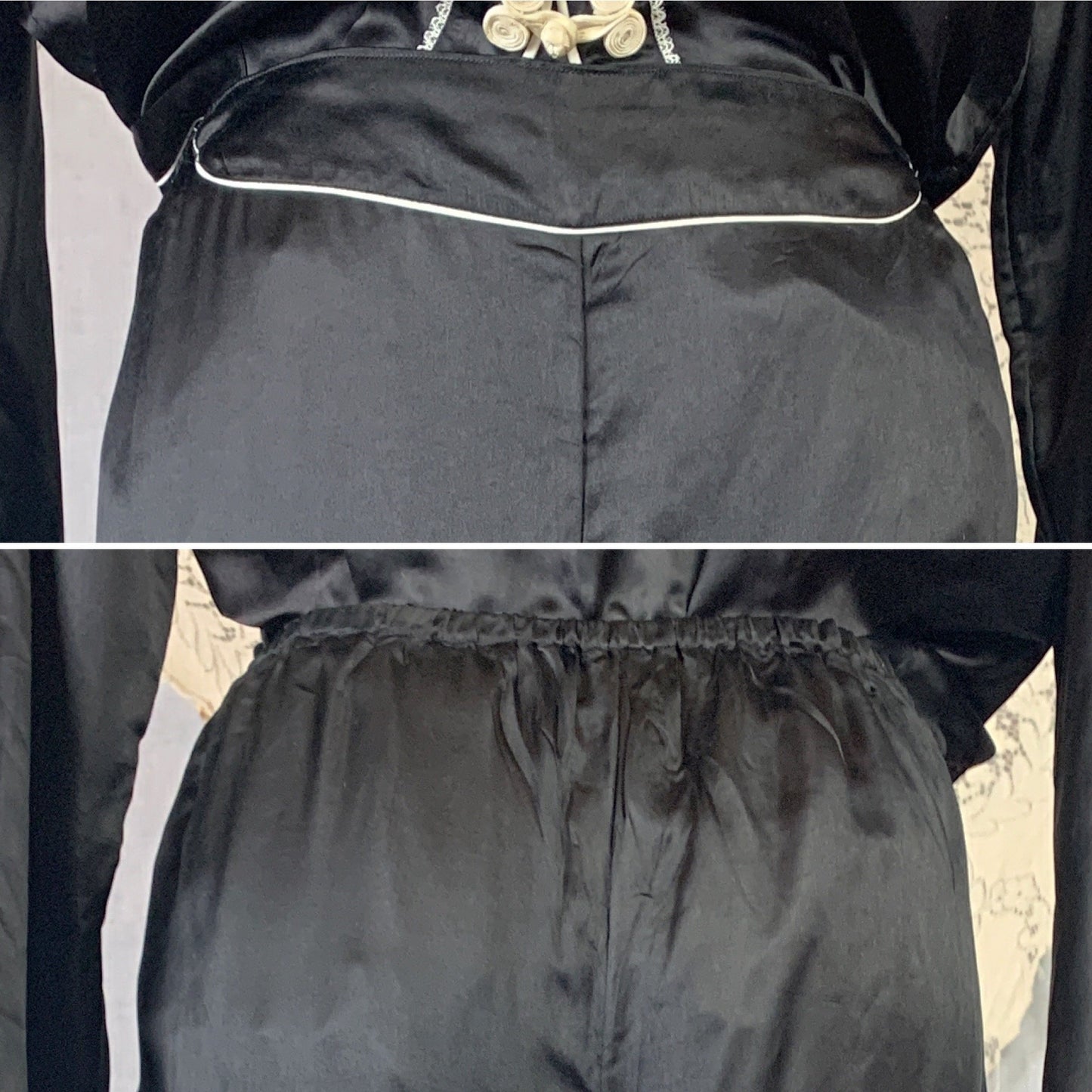 Vintage 1940's Pajama Set | Black Silk with Silk Thread Embroidery & Frog Button Closure | Unworn | Size S, M - Daggers & Dames