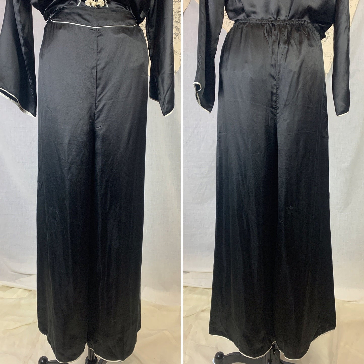 Vintage 1940's Pajama Set | Black Silk with Silk Thread Embroidery & Frog Button Closure | Unworn | Size S, M - Daggers & Dames
