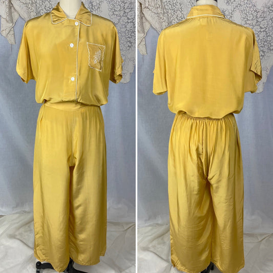 Vintage 1940's Pajama Set | Gold Hue Rayon Crepe with White Embroidery | Size S, M | Miss Elaine -New with Tags & Original Gift Box - Daggers & Dames