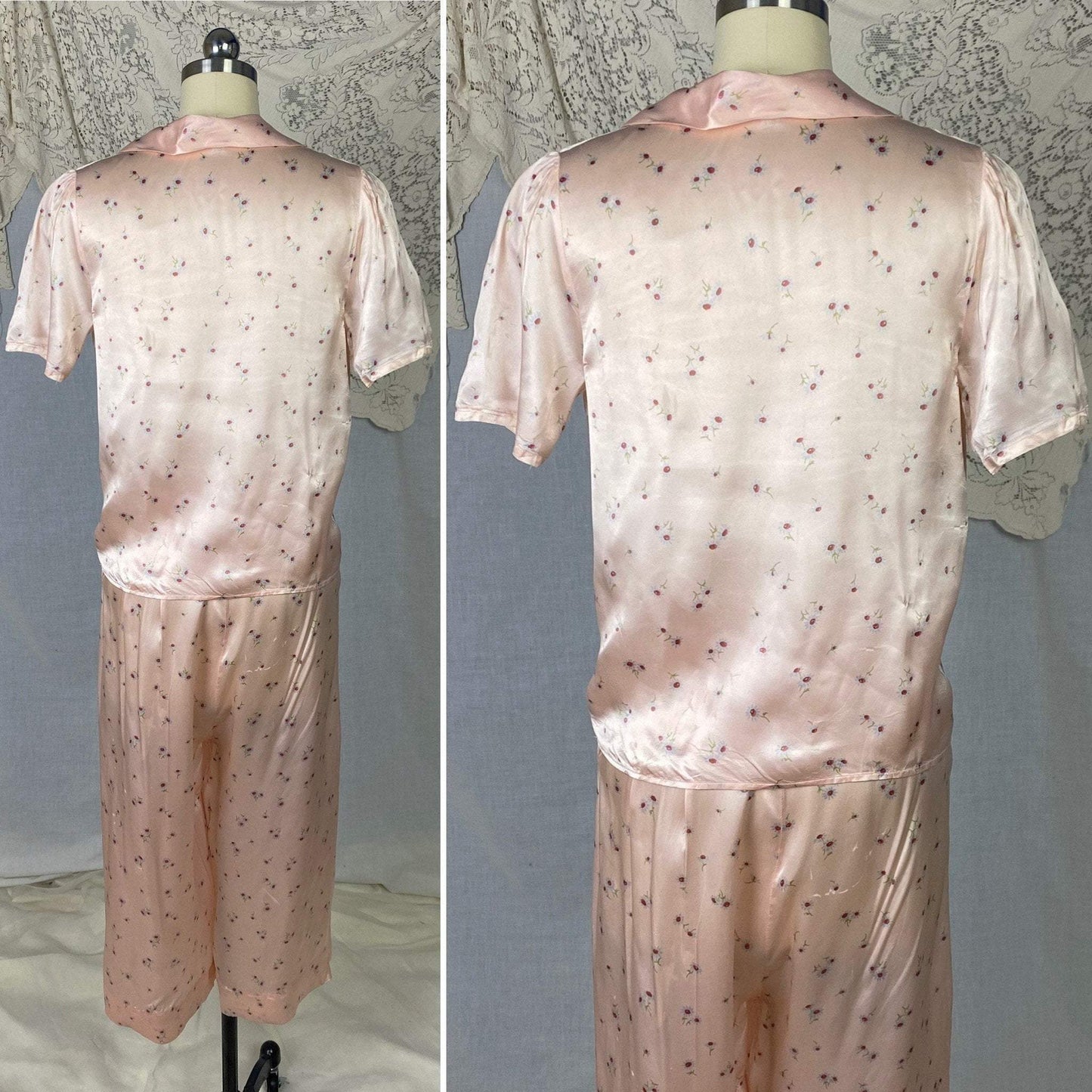Vintage 1940's Pajama Set | Light Rosy Pink Rayon Satin with Daisy Floral Print | Size XS | W/B Weisman - Daggers & Dames