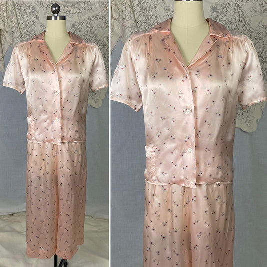 Vintage 1940's Pajama Set | Light Rosy Pink Rayon Satin with Daisy Floral Print | Size XS | W/B Weisman - Daggers & Dames