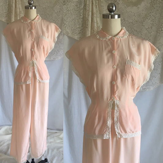 Vintage 1940's Pajama Set | Pale Pink Rayon with Ivory Lace | Textron | Size M - Daggers & Dames