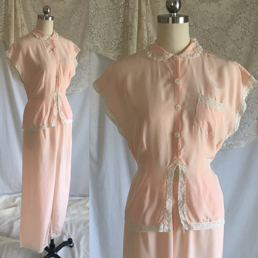 Vintage 1940's Pajama Set | Pale Pink Rayon with Ivory Lace | Textron | Size M - Daggers & Dames