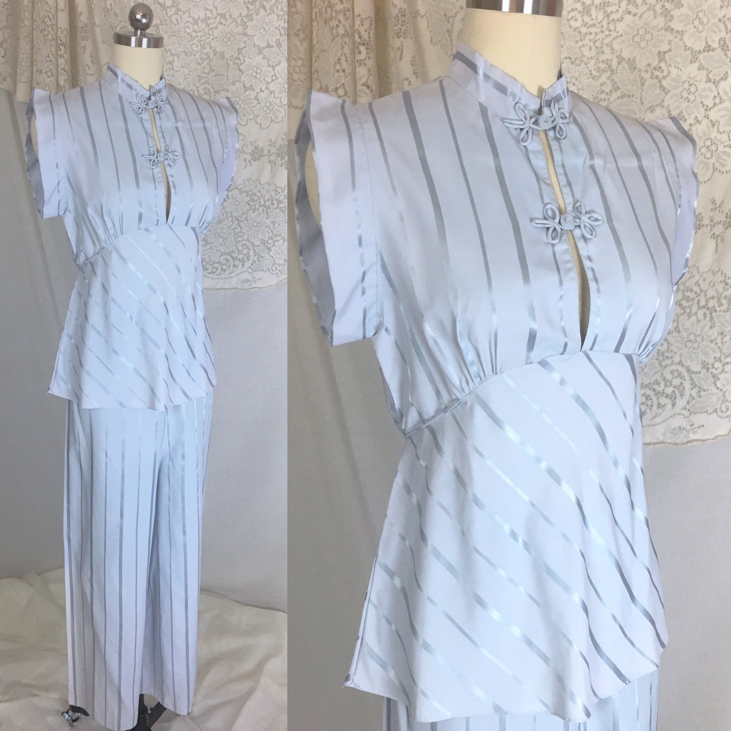Vintage 1940's Pajama Set | Periwinkle Blue Rayon with Satin Stripes & Frog Button Closure | Size M, LG - Daggers & Dames