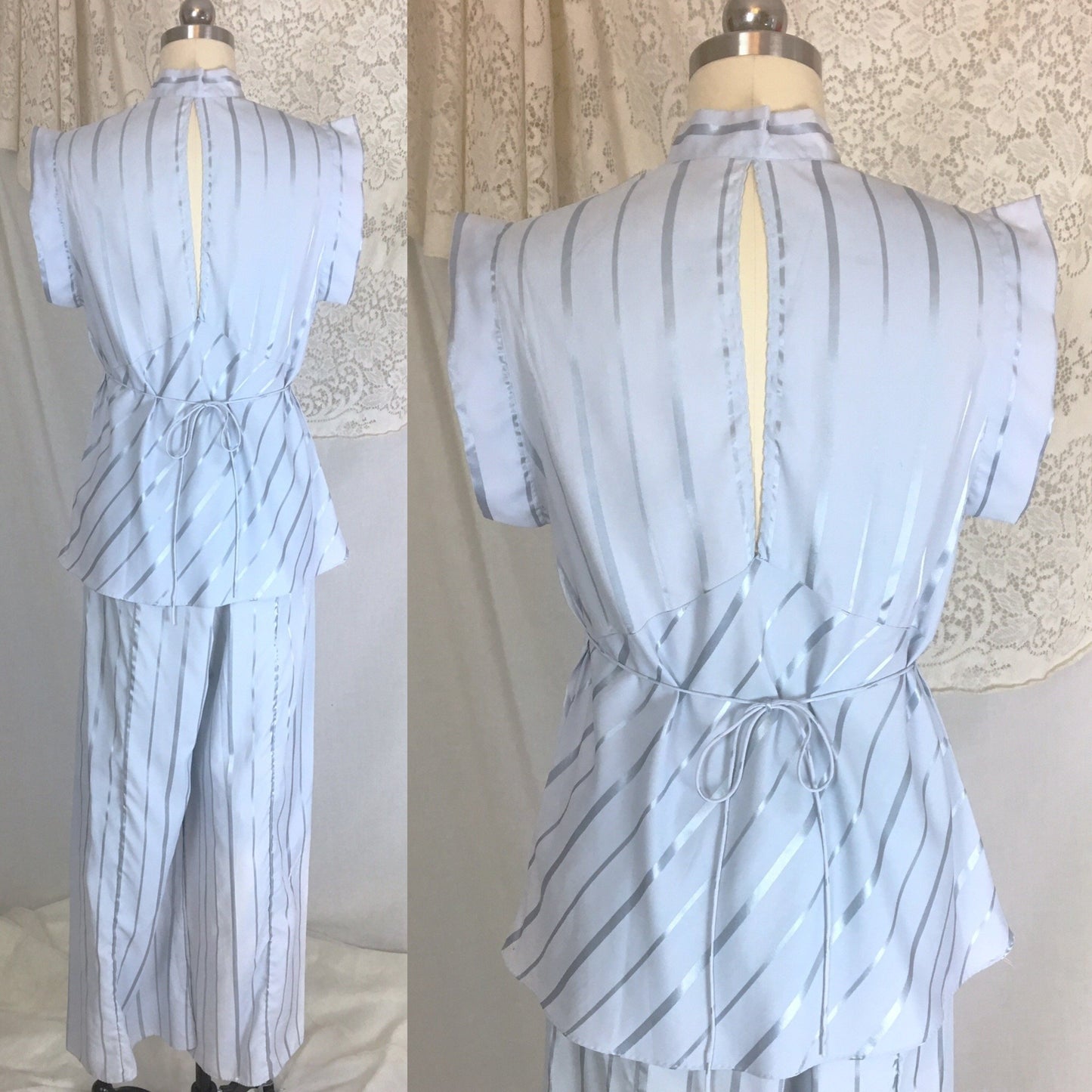 Vintage 1940's Pajama Set | Periwinkle Blue Rayon with Satin Stripes & Frog Button Closure | Size M, LG - Daggers & Dames