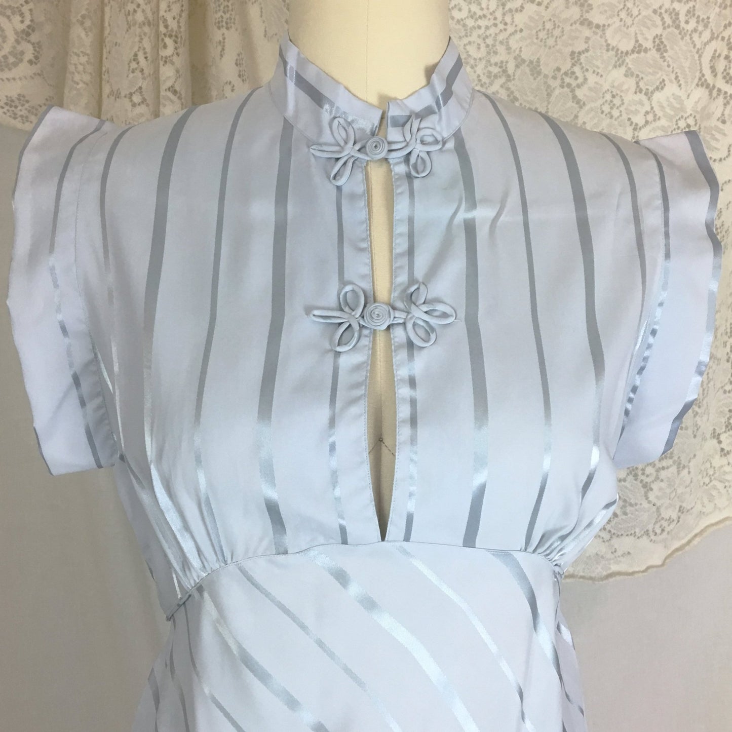 Vintage 1940's Pajama Set | Periwinkle Blue Rayon with Satin Stripes & Frog Button Closure | Size M, LG - Daggers & Dames