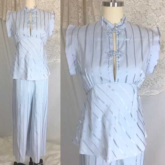 Vintage 1940's Pajama Set | Periwinkle Blue Rayon with Satin Stripes & Frog Button Closure | Size M, LG - Daggers & Dames