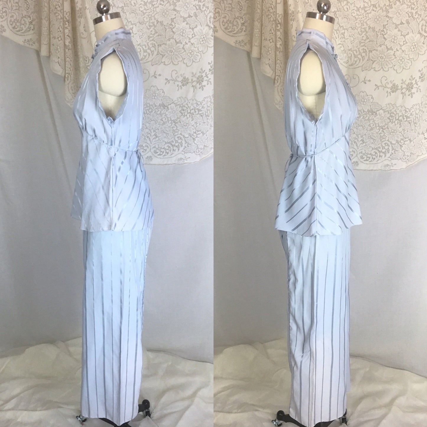 Vintage 1940's Pajama Set | Periwinkle Blue Rayon with Satin Stripes & Frog Button Closure | Size M, LG - Daggers & Dames
