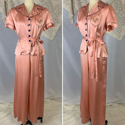 Vintage 1940's Pajama Set | Rich Coral Pink Rayon Silk Blend with Royal Blue Piping | Size M | Barbizon - Daggers & Dames