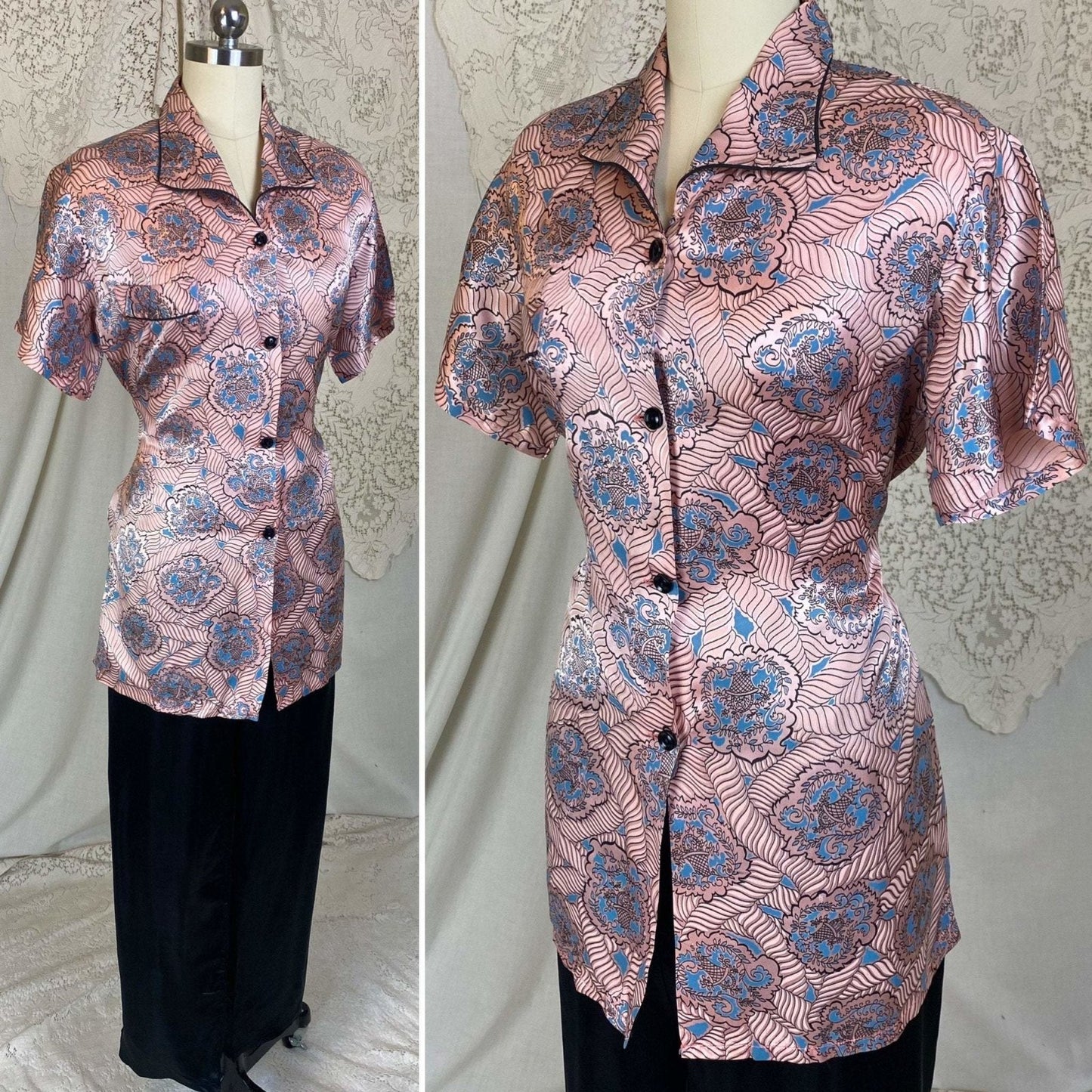 Vintage 1940's Pajama Set | Rose Gold Pink with Black & Blue Paisley Print Rayon Satin | Size S, M, LG | Tele-Queen - Daggers & Dames