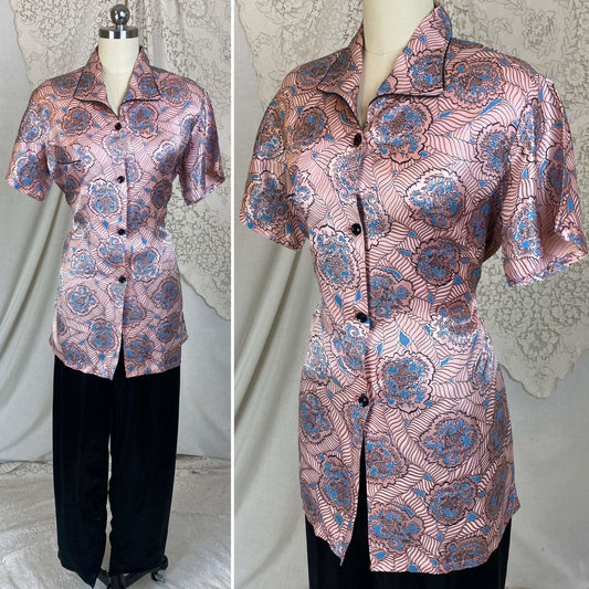 Vintage 1940's Pajama Set | Rose Gold Pink with Black & Blue Paisley Print Rayon Satin | Size S, M, LG | Tele-Queen - Daggers & Dames