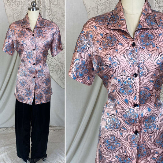 Vintage 1940's Pajama Set | Rose Gold Pink with Black & Blue Paisley Print Rayon Satin | Size S, M, LG | Tele-Queen - Daggers & Dames