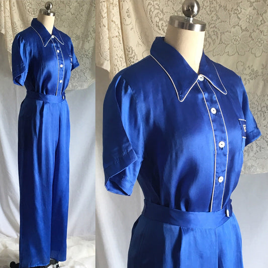 Vintage 1940's Pajama Set | Royal Blue Silk with White Embroidery | Miss Swank | Size XS - Daggers & Dames