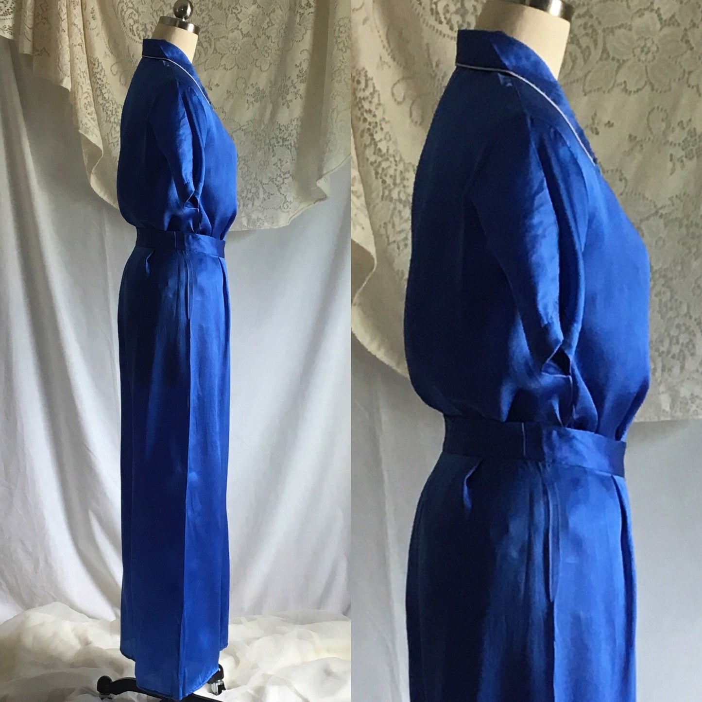 Vintage 1940's Pajama Set | Royal Blue Silk with White Embroidery | Miss Swank | Size XS - Daggers & Dames