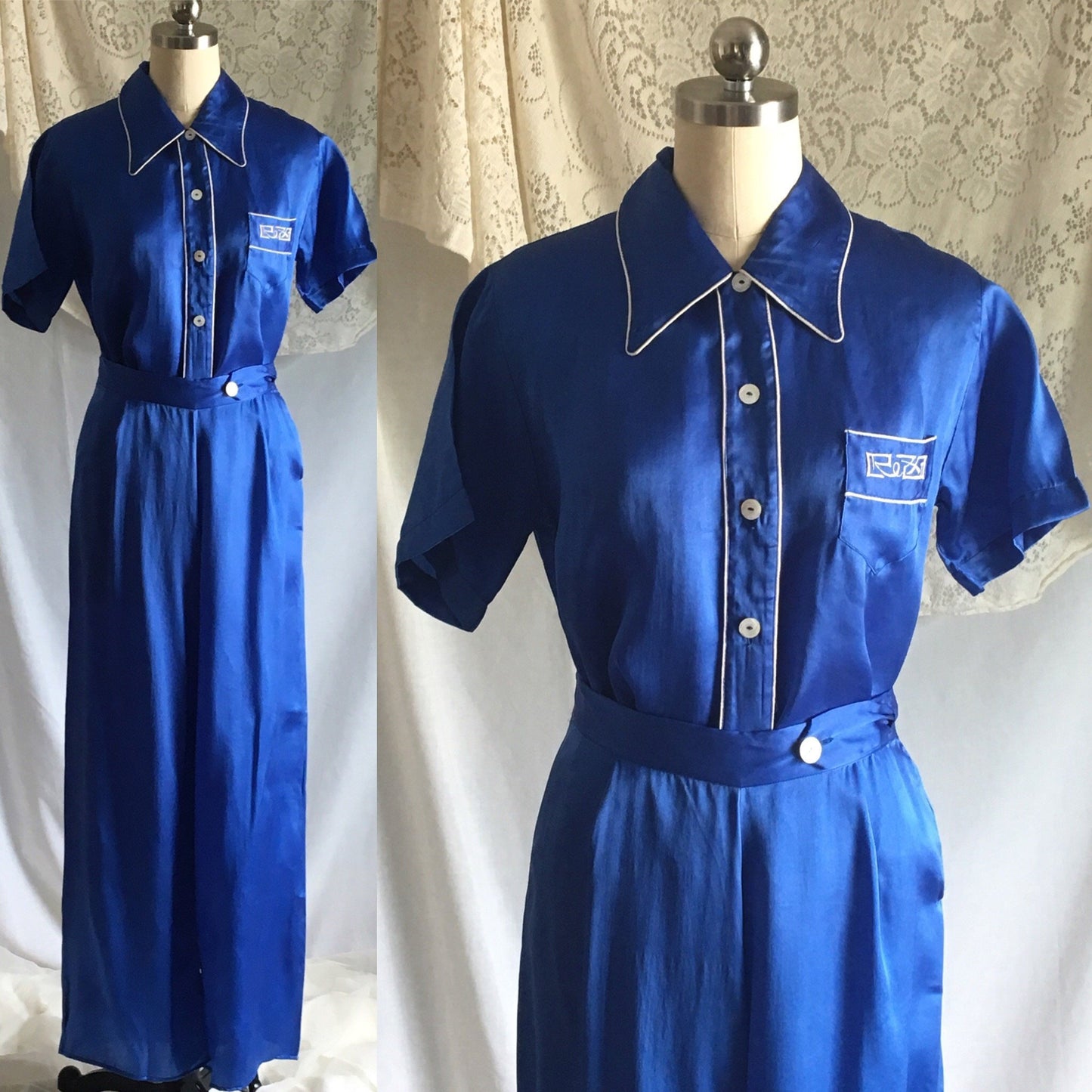 Vintage 1940's Pajama Set | Royal Blue Silk with White Embroidery | Miss Swank | Size XS - Daggers & Dames