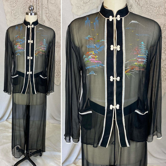Vintage 1940's Pajama Set | Sheer Silk Chiffon with Hand Painted Scene & Frog Buttons | Size XS, S | Made in Japan - Daggers & Dames