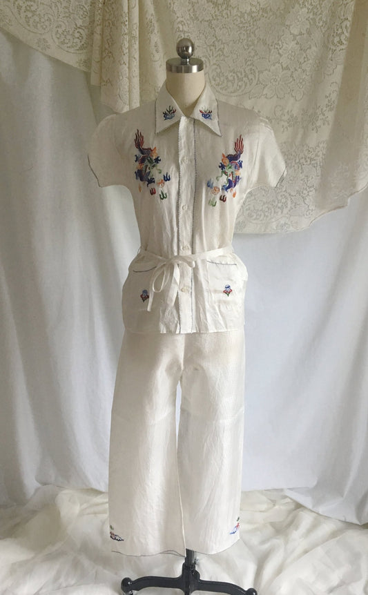 Vintage 1940's Pajama Set | White Silk with Embroidery & Mother of Pearl Buttons | Chinese Dragon Lounge Wear | Size XS, SM - Daggers & Dames
