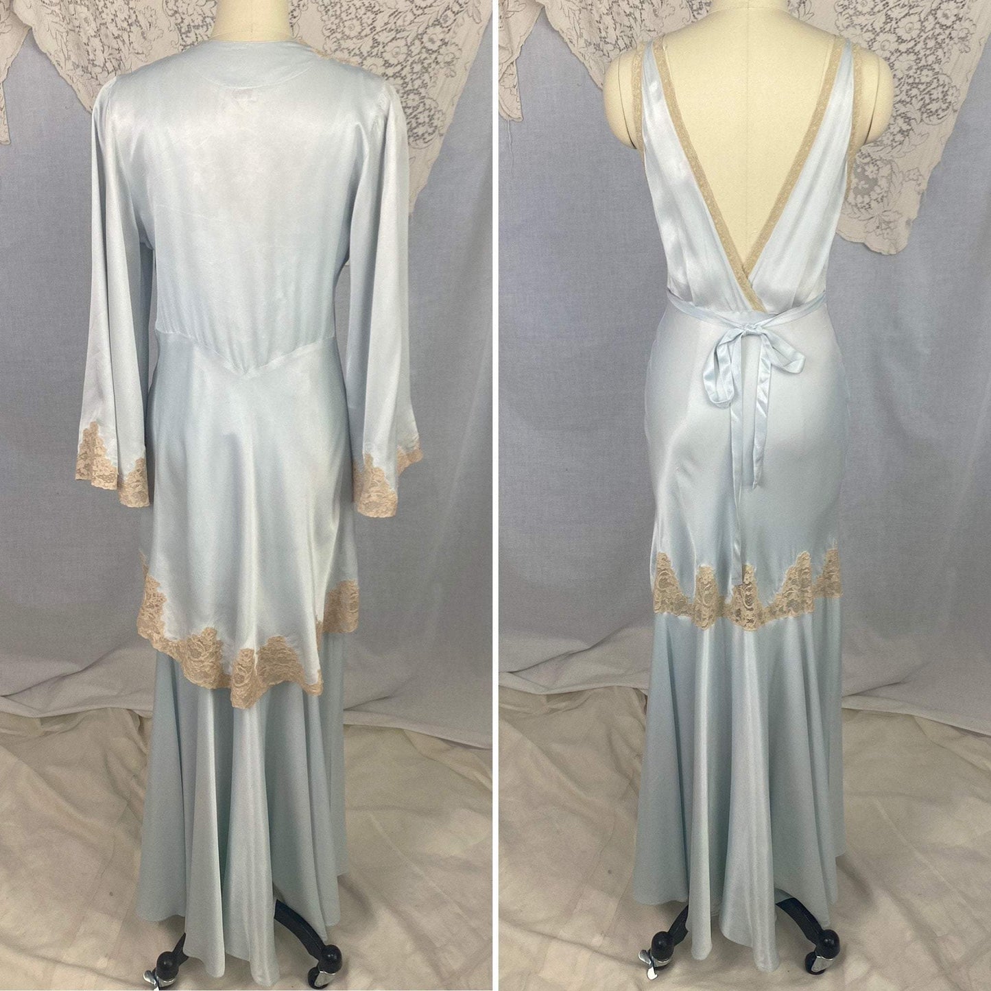 Vintage 1940's Peignoir Set | Icy Blue Rayon Satin with Nude Lace Inserts | Size 32-34 Bust, XS, S | Lady Duff - Daggers & Dames